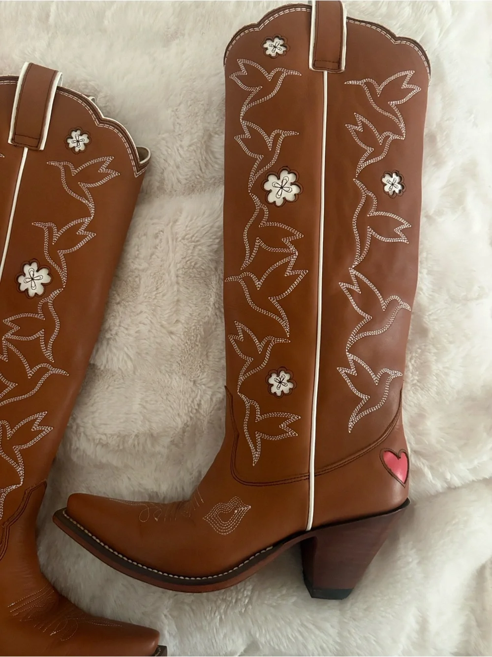 Besita Boots Honey Embroidered Western Boots Knee High Cowboy Brown White